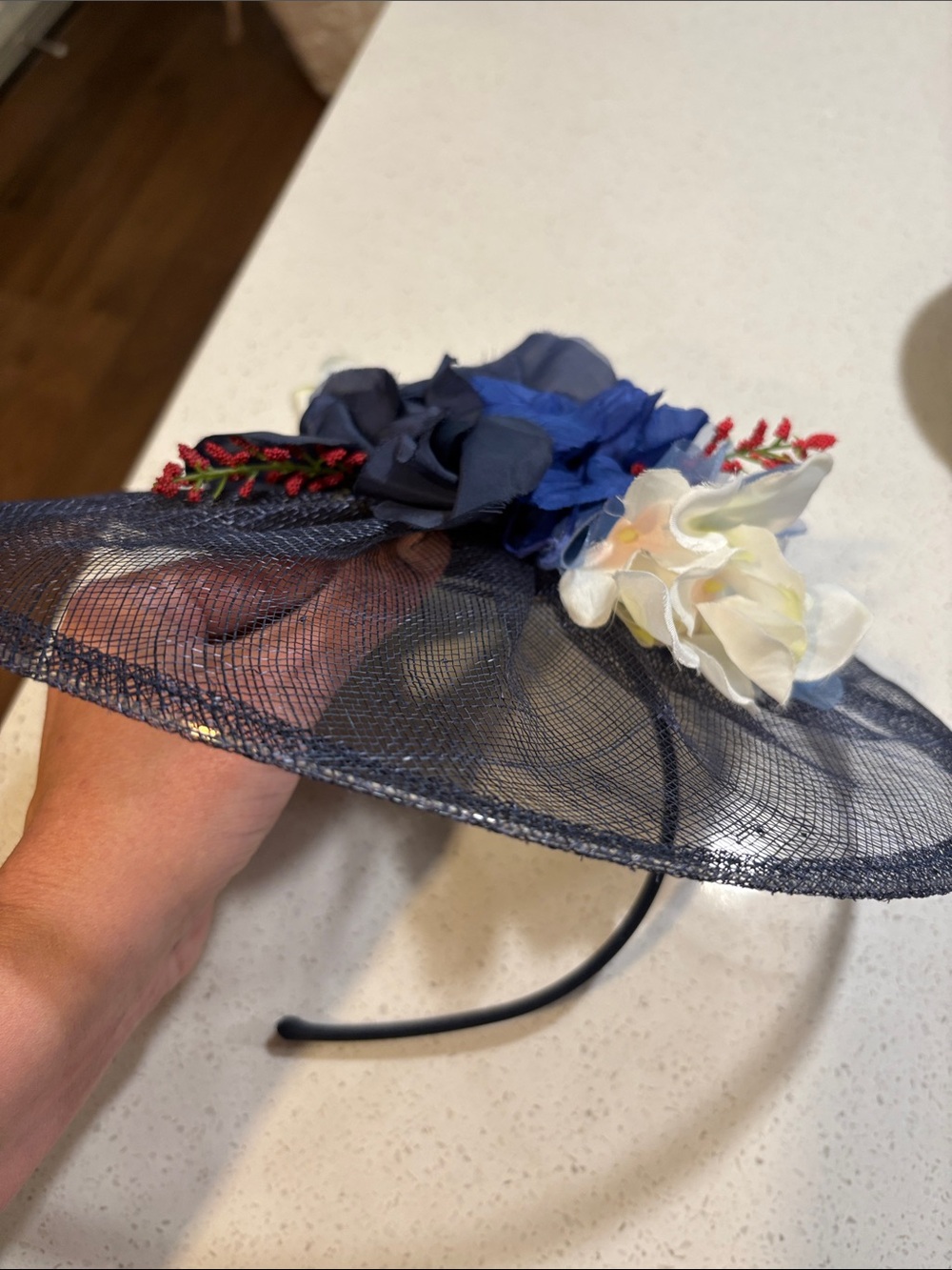Nordstrom Navy Mesh Headband with Blue and White Floral Accents